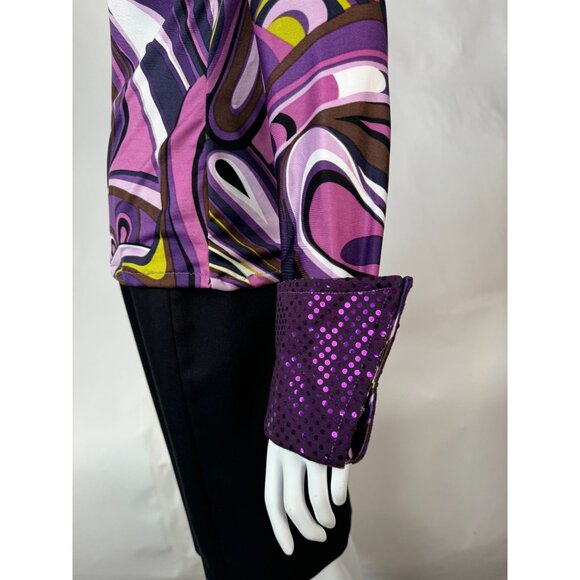 Psychedelic Patterned Jacket With Sequin Collar & Cuffs Sz Lg Zip Front Polyeste - Picture 11 of 16